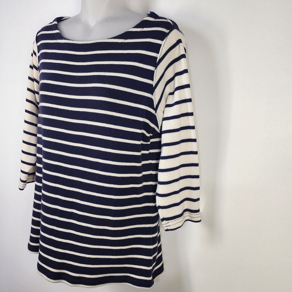 LL Bean Womens Top Small Reg French Sailor Knit Blue Stripe 3/4 Sleeve Boatneck - Picture 5 of 8